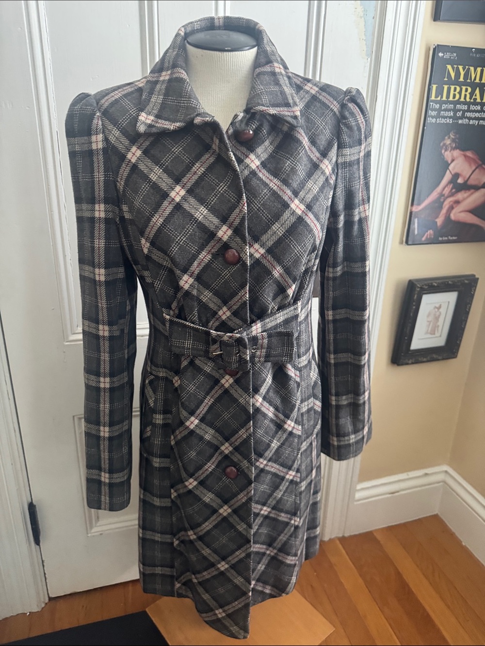 Via Plaid Wool Retro Coat in Charcoal & White with Red Accent - Anthropologie